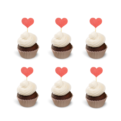T-0685-Cupcake Decoratie Hartjes Rood Glitter 6 Stuks