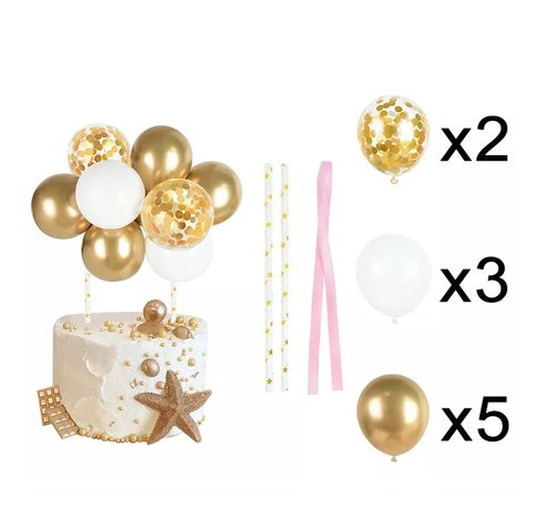 T-0703-Taart Decoratie Ballon Taarttopper Boog Wit Goud Confetti