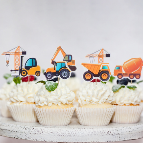 T-0718-Cupcake Decoratie Bouwvoertuig Taarttopper Graafmachine 12 stuks