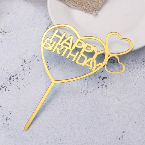 T-0732-Taart Decoratie Happy Birthday Taarttopper Goud Hartjes