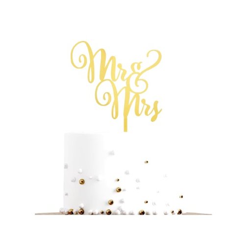 T-0734-Taart Decoratie Bruiloft Taarttopper Mr & Mrs Goud Sierlijk
