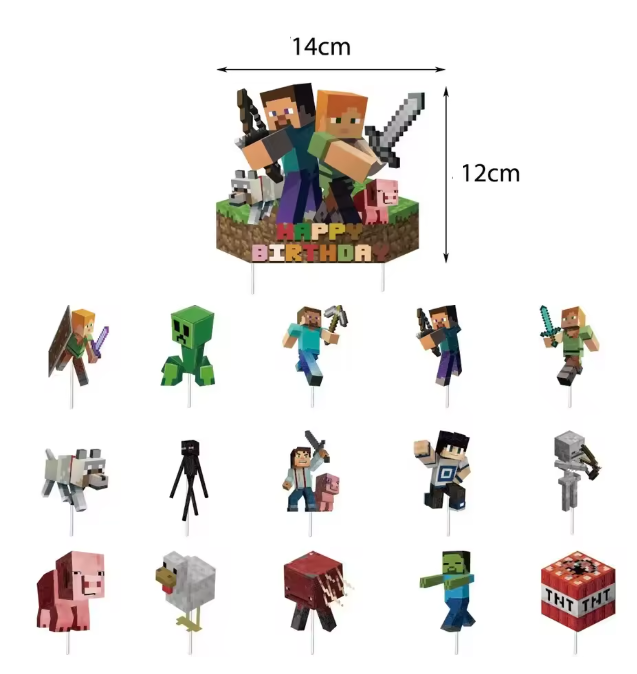 Taartdecoratie – Minecraft-stijl – Happy Birthday (16-delig) - Game Thema