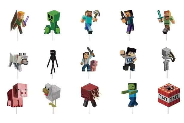 Taartdecoratie – Minecraft-stijl – Happy Birthday (16-delig) - Game Thema