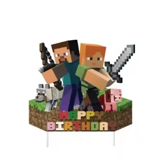 Taartdecoratie – Minecraft-stijl – Happy Birthday (16-delig) - Game Thema